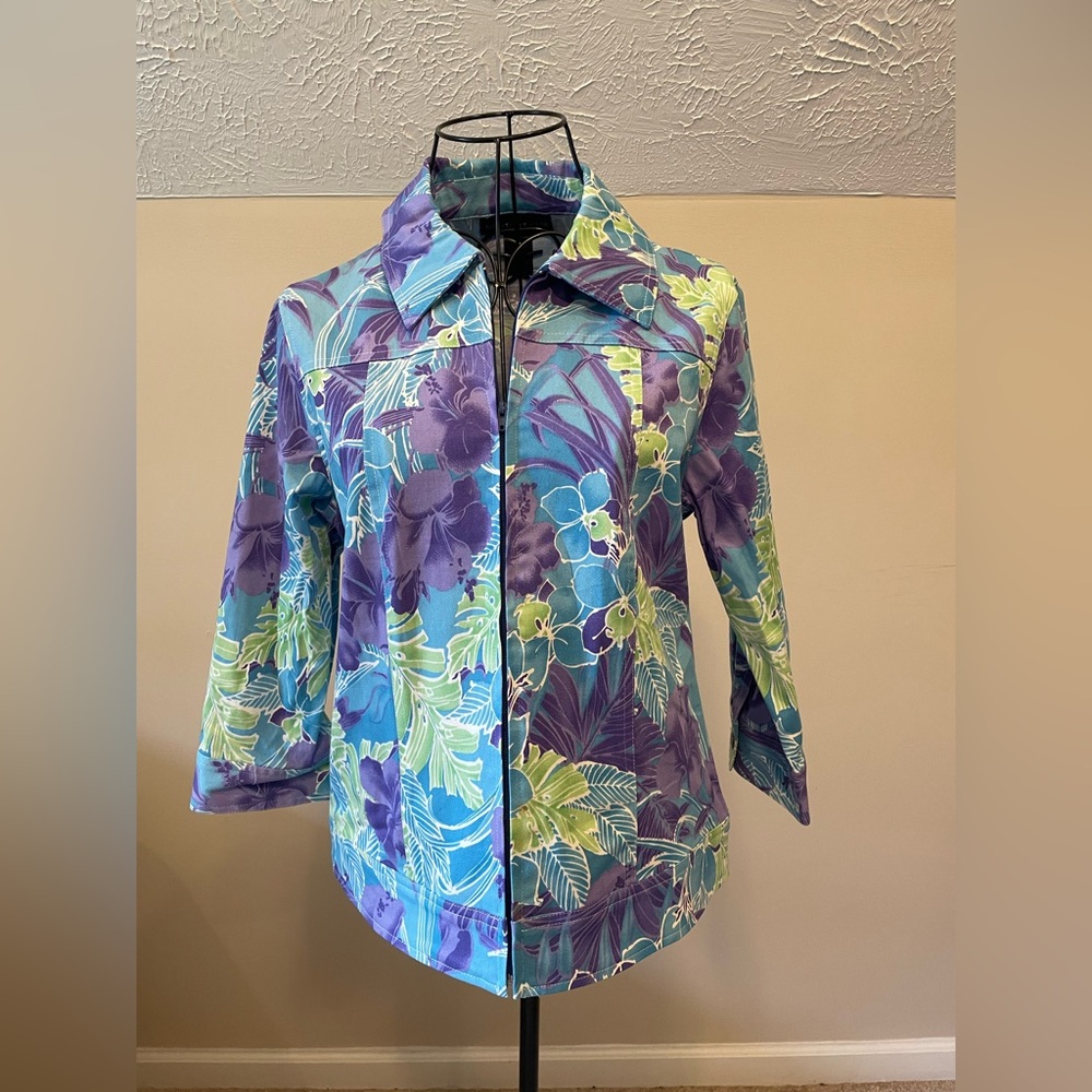 Monterey Bay Blue And Purple Hawaiian Flower Tropical Pattern Jacket Petite Sml